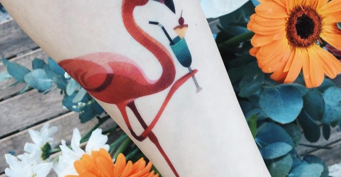 sasha unisex, tattoo, tattoo artist, watercolour, watercolor, watercolor tattoo, artist, flamingo, art deco, kitsch,